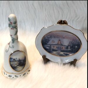 Vintage Thomas Kinkade Christmas Bell & Christmas Eve Cottage Plate with Stand